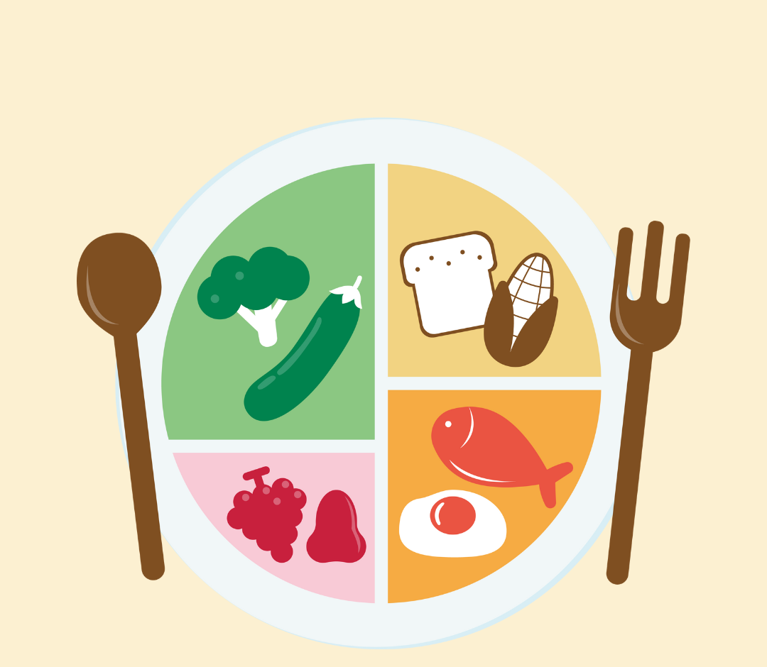 Illustration of dinner plate with divisions for vegetables, fruit, grains, and protein