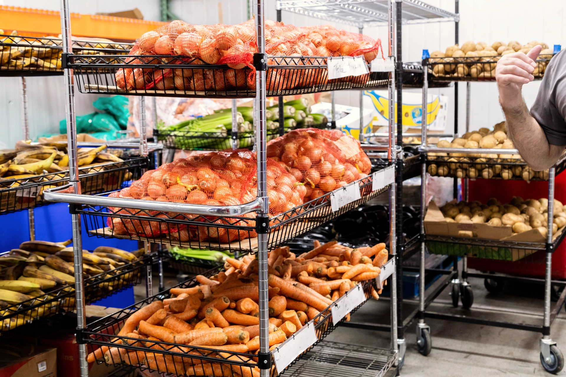 Racks of fresh produce for distribution