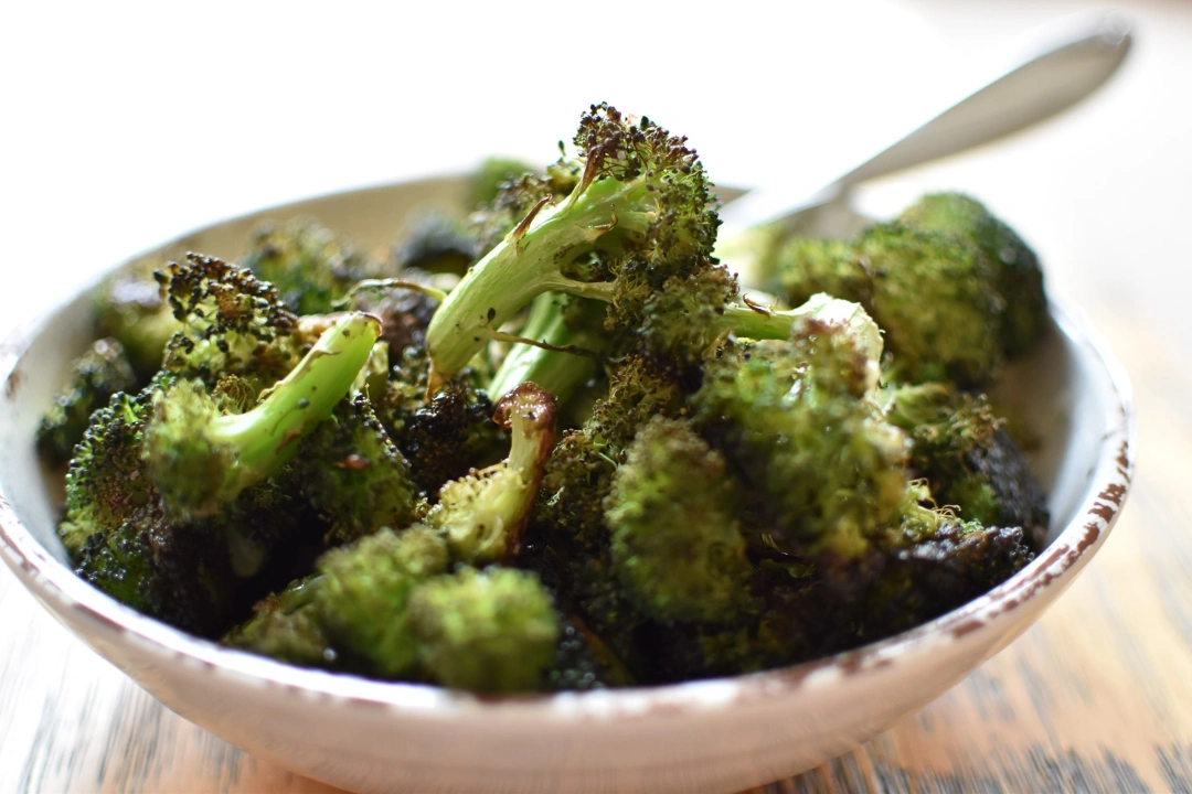 Roasted broccoli in a dish