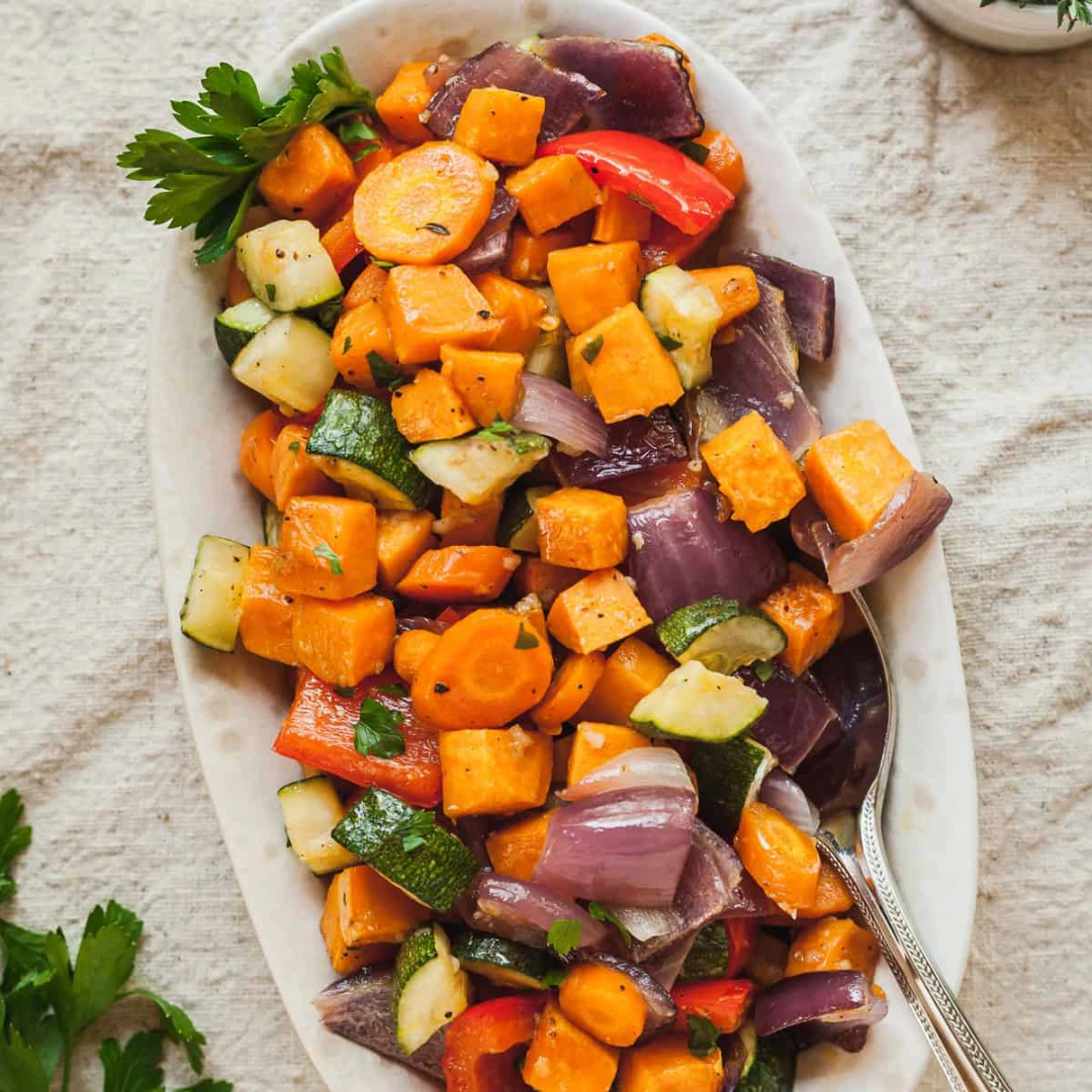 Roasted vegetables on serving dish