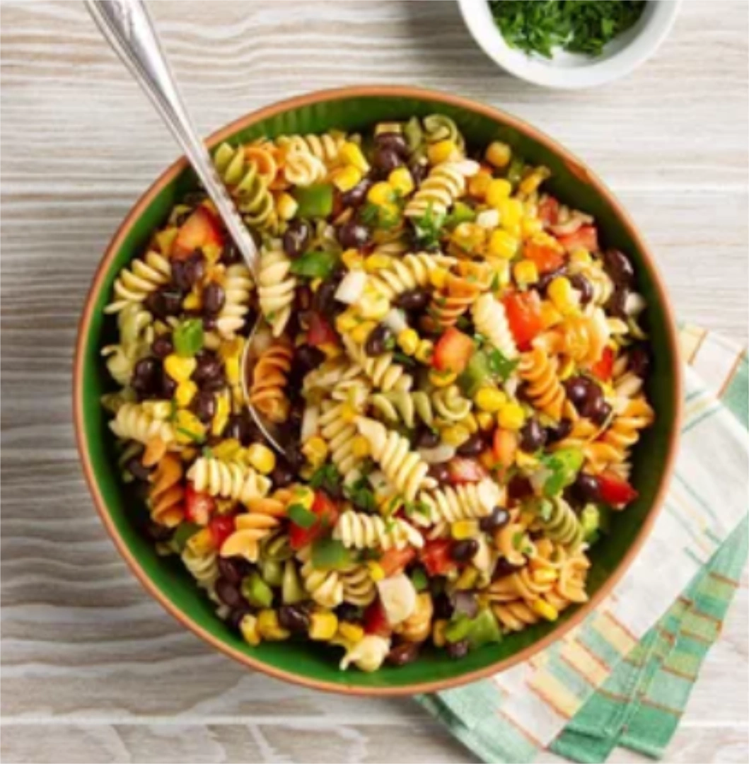 Mixture of pasta salad on plate