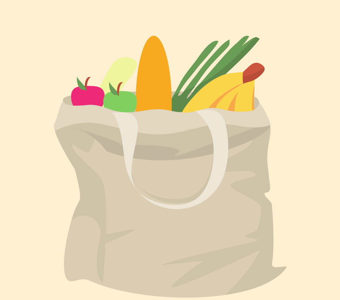 Illlustration of canvas grocery bag filled with fresh fruits and vegetables
