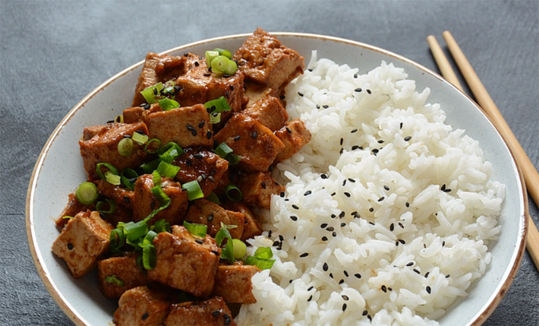A bowl with mushroom tofu adobo on one half and white rice on the other