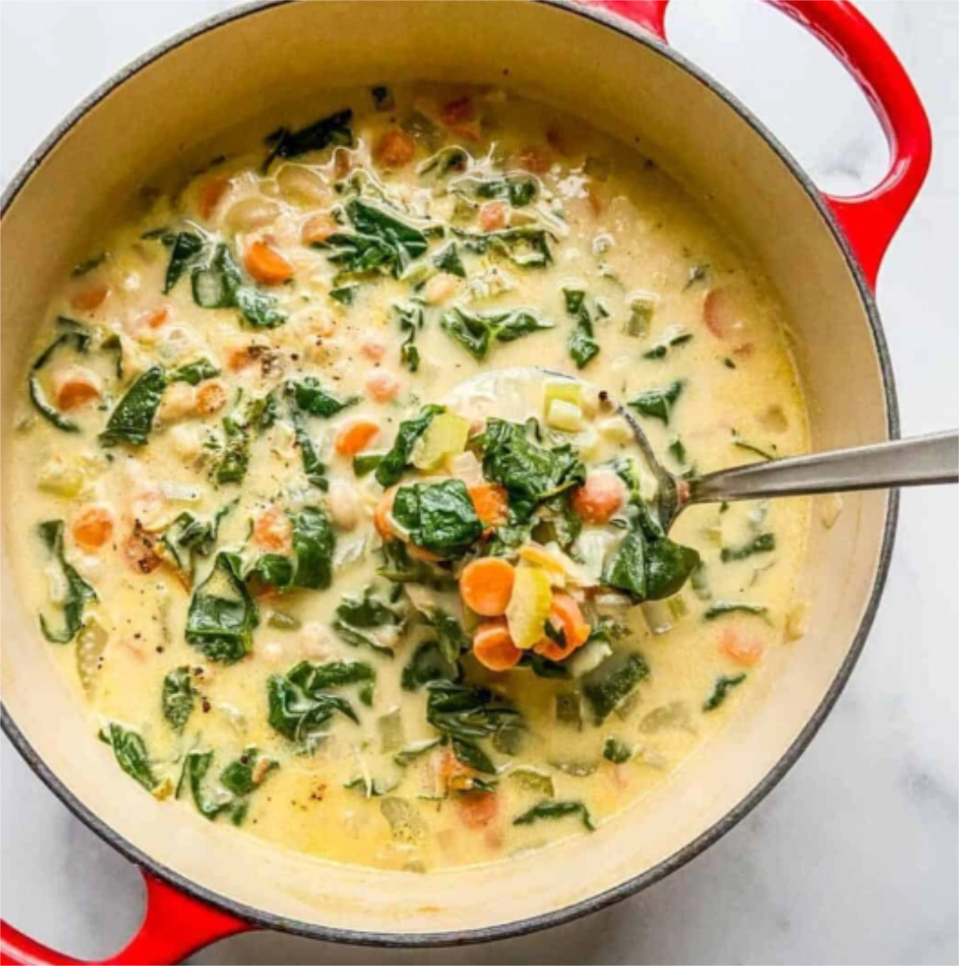 Dutch oven full of tuscan white bean soup